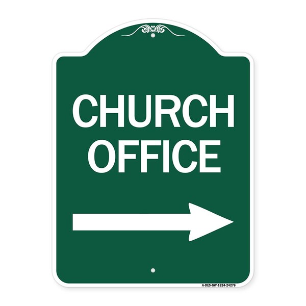 Church Office With Right Arrow, Green & White Aluminum Architectural Sign, 18" x 24", GW-1824-24276